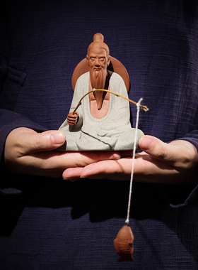 中式创意人物姜太公钓鱼陶瓷摆件客厅鱼缸水族布景假山造景装饰品