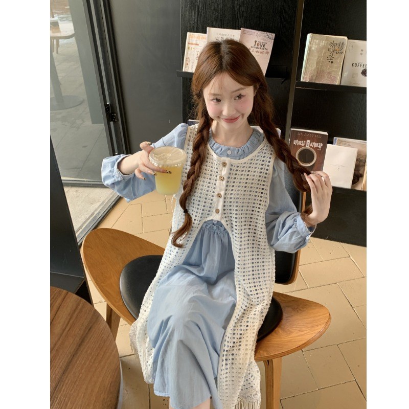 小个子氛围感穿搭150森系蓝色衬衫连衣裙叠穿流苏镂空罩衫长裙xs