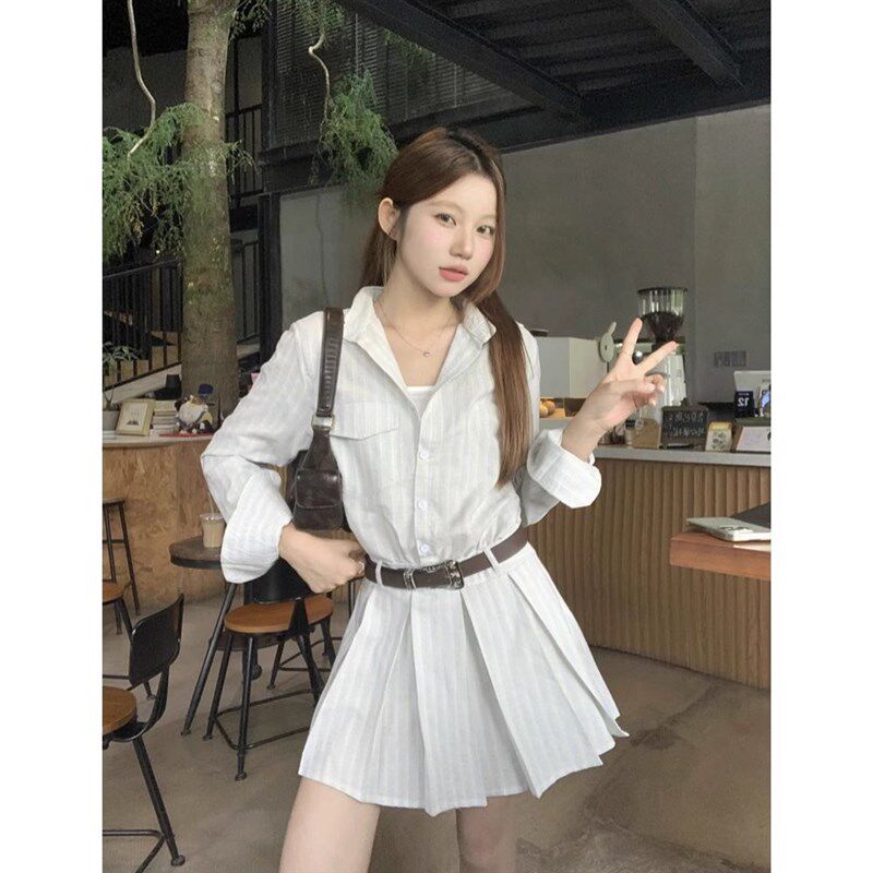 长袖条纹衬衫连衣裙子女装春秋2024新款高级感旅游早秋搭配一整套