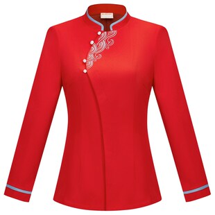 高端中餐厅服务员工作服长袖酒店餐饮饭店宴会酒楼工服秋冬装加厚