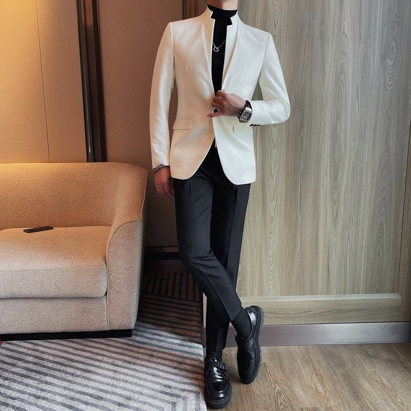 新中式国风白色西服男春秋外套假两件拼接立领设计中山装气质单西,男装,休闲西服,淘宝优惠券,粉丝福利购,淘宝优惠卷