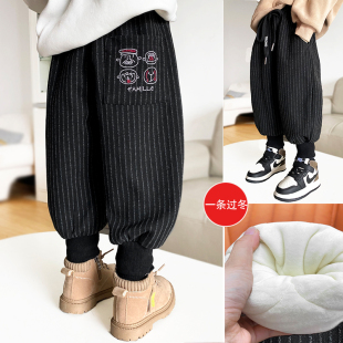 儿童棉裤童装裤子男童加绒加厚2023冬季新款小童条纹时尚一条过冬