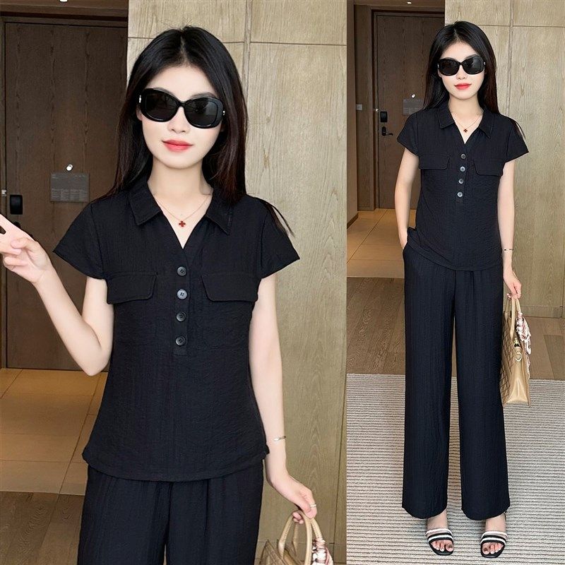 polo领短袖上衣阔腿长裤两件套女2024夏季新款小个子气质显瘦套装