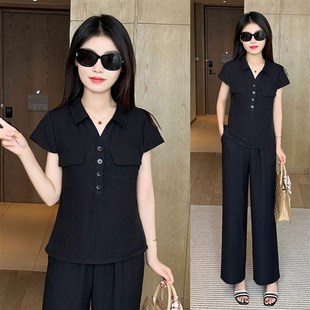 polo领短袖上衣阔腿长裤两件套女2024夏季新款小个子气质显瘦套装