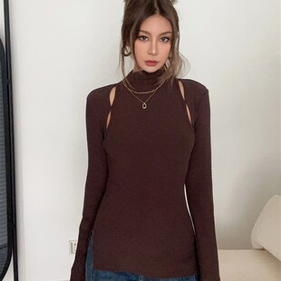 欧美个性镂空长袖半高领打底衫超显气质版型绝显瘦保暖显身材上衣