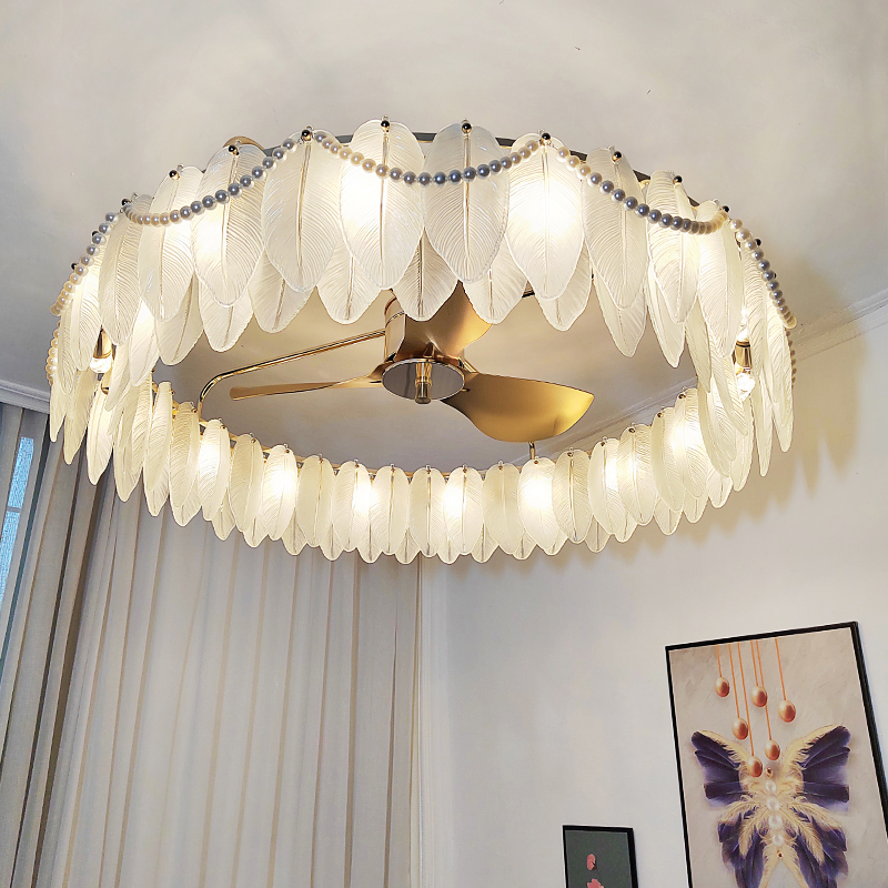 高端客厅风扇灯羽毛吊灯2023新款法式轻奢大气吊扇灯家用电扇灯具