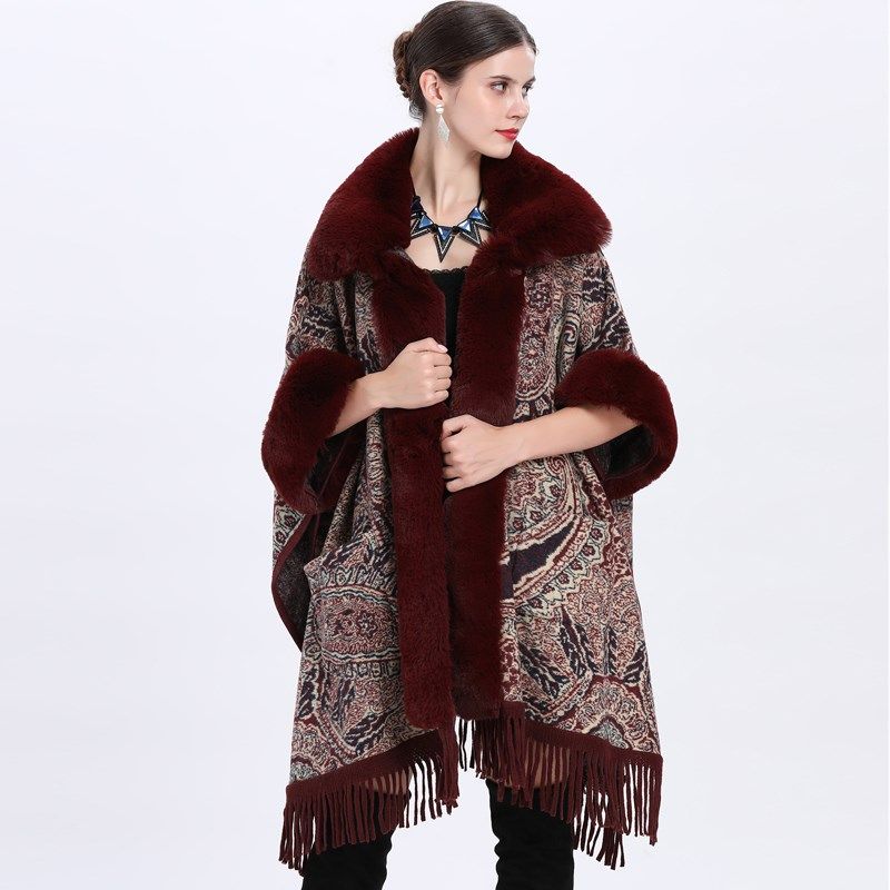 欧美宽松仿獭兔毛领提花斗篷披风女流苏大码中长款蝙蝠袖毛呢外套