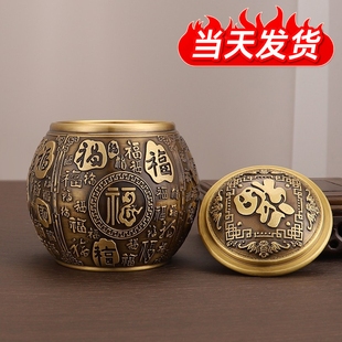 黄铜米缸带盖聚宝盆家居客厅复古摆件办公室店铺招财聚财纯铜摆件