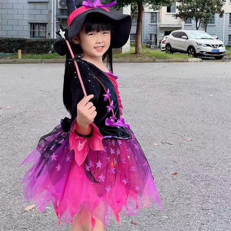 儿童万圣节服装披风女童礼服女巫婆吸血鬼连衣裙小女孩舞会演出服