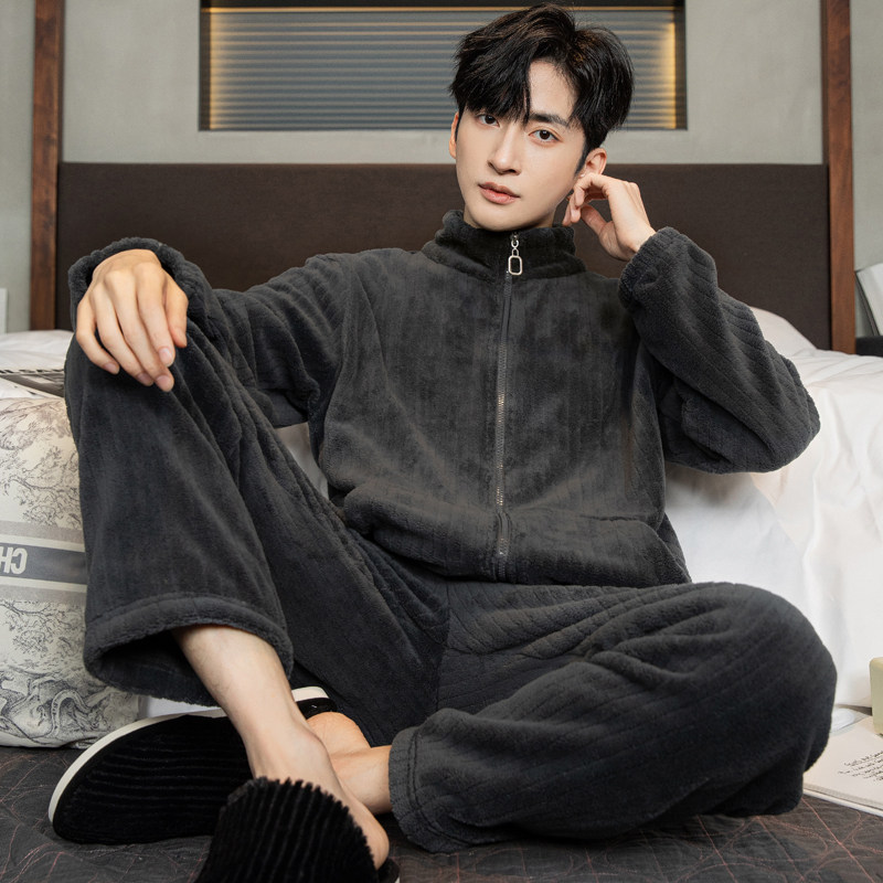 冬天薄款高领珊瑚绒男士睡衣冬季男款法兰绒套装秋冬款2023新款