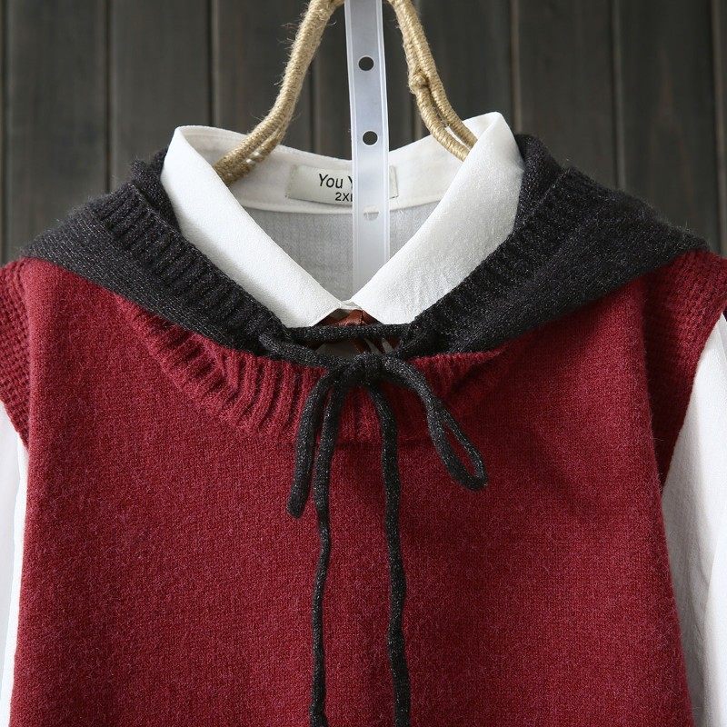 春秋大码文艺范连帽中长款无袖针织衫马甲女式套头宽松马夹背心裙