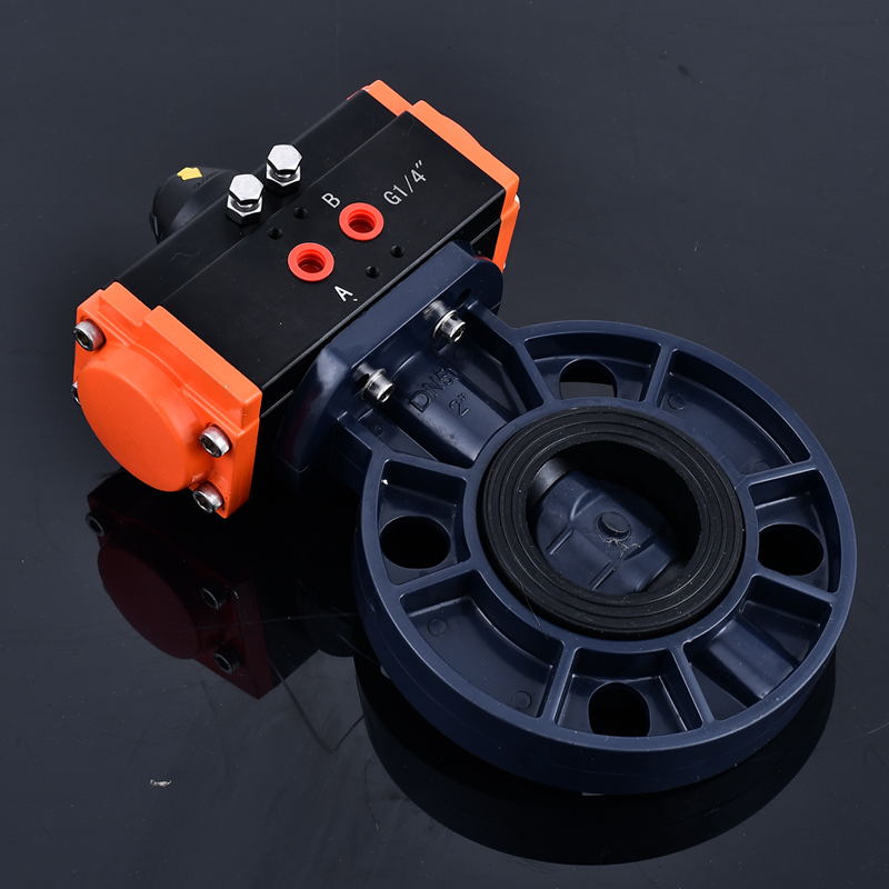 UPVC气动塑料蝶阀 化工防腐PVC耐酸碱阀门D671X防爆切断对夹蝶阀