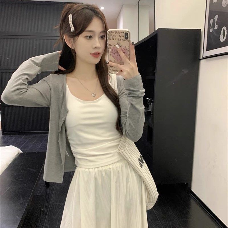 小个子奶系穿搭套装女早秋温柔吊带开衫白色a字半身裙长裙三件套,女装/女士精品,时尚套装,淘宝优惠券,粉丝福利购,淘宝优惠卷