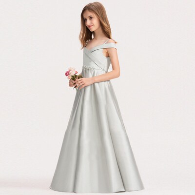 女童主持人钢琴演出晚礼服儿童模特走秀高端缎面一字肩长款公主裙