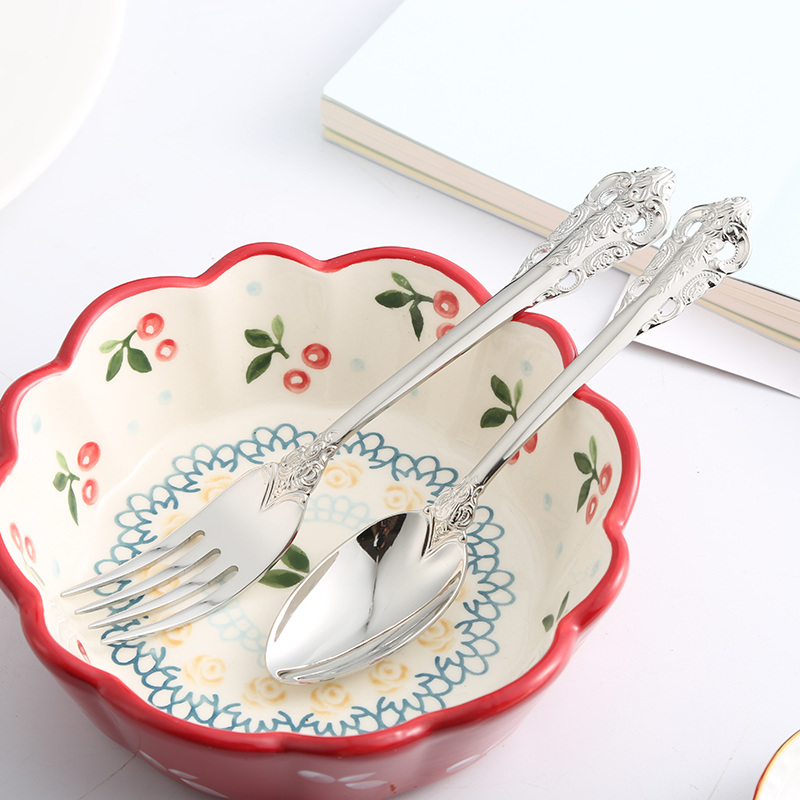 出口欧美玫瑰欧式西餐刀叉勺汤勺银色牛排餐套装复古勺子餐具创意