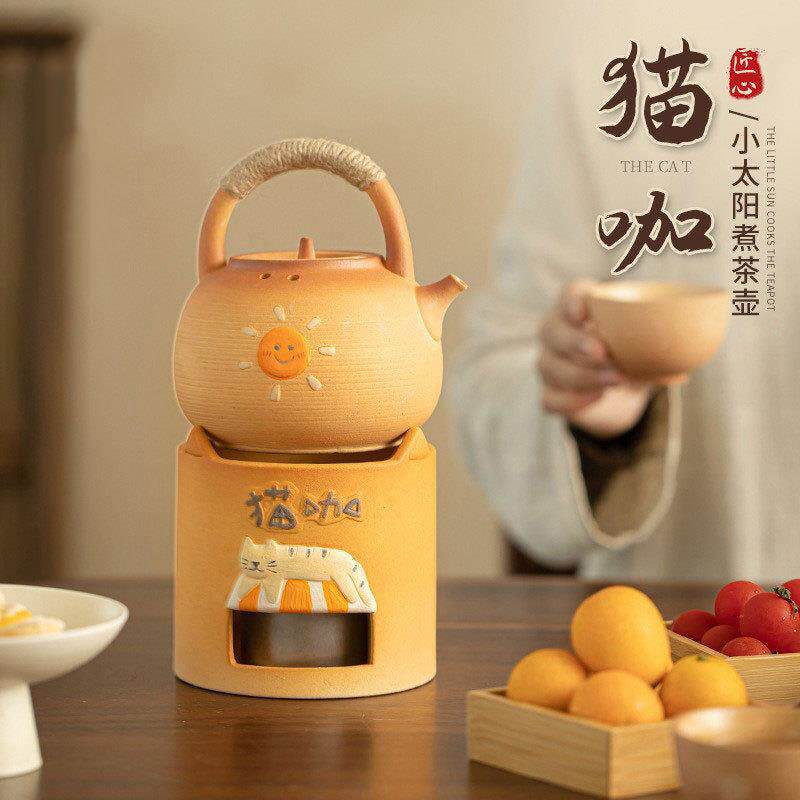 猫咖粗陶茶壶酒精蜡烛炉加热烤茶罐侧把壶烤奶罐围炉煮茶套装焙茶