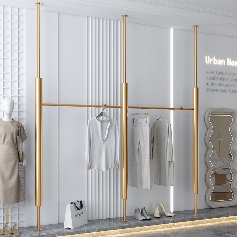 服装店展示架壁挂式陈列货架立柱上墙不锈钢钛金女装店挂衣服架子