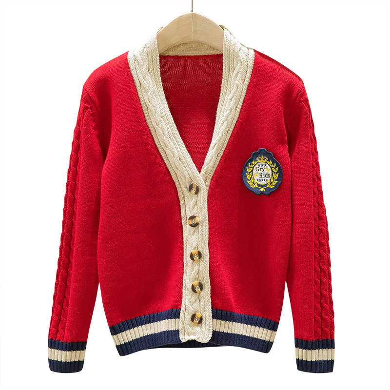 儿童毛衣开衫男童女童针织外套小学生校服藏青红色英伦春秋季纯棉
