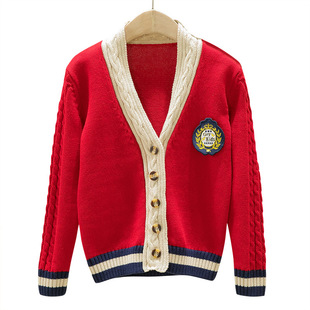 儿童毛衣开衫男童女童针织外套小学生校服藏青红色英伦春秋季纯棉