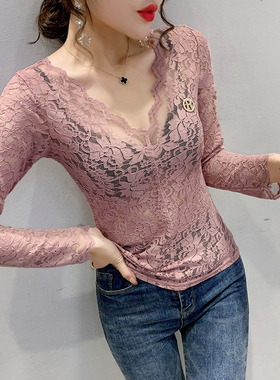 女装2020秋季性感镂空气质V领蕾丝衫女长袖洋气上衣紧身打底衫女
