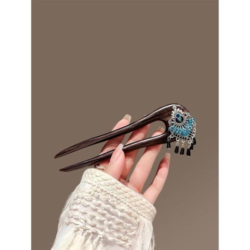 灵翠微风点~新中式花朵流苏双插发簪女古风高级感檀木簪子U型发钗