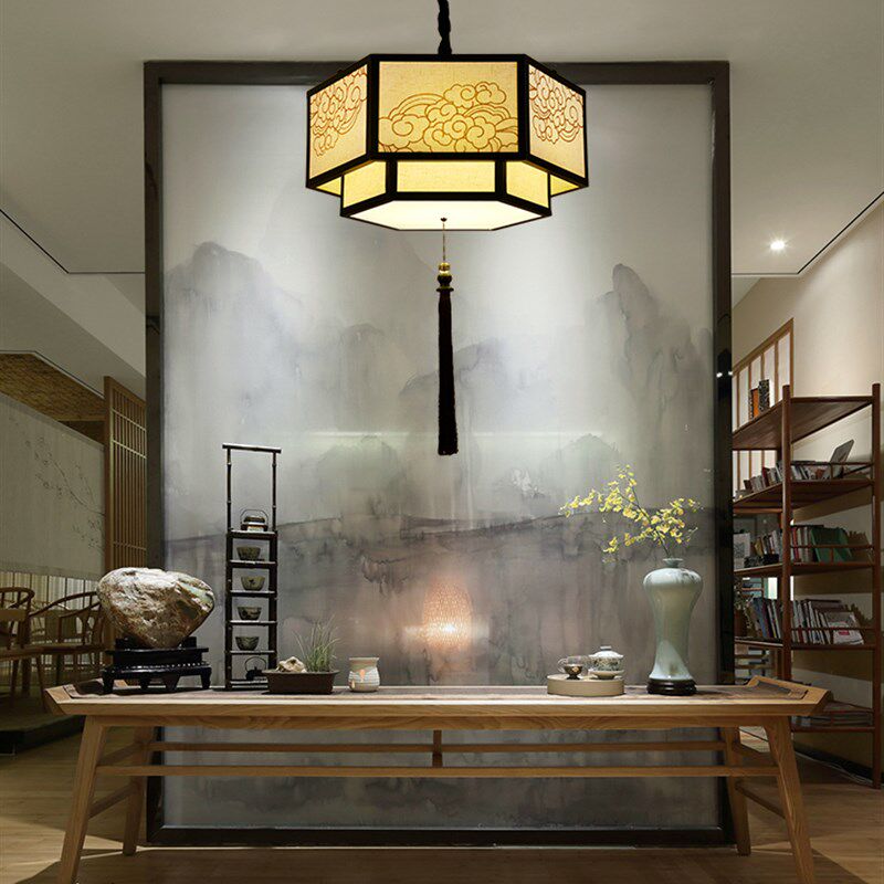 新中式创意仿古铁艺灯布艺祥云灯吊灯 简约餐厅客厅茶室禅意灯具