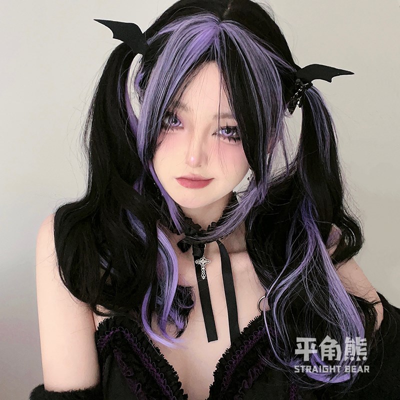 平角熊假发女中分刘海染紫俏皮少女Lolita网红日常长卷发jk全头套