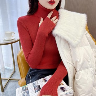 漏手指打底毛衣女带手套针织衫袖子洞上衣高领连带手套线衫打底衫