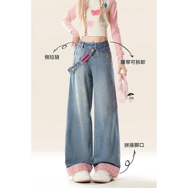 自然涩美式侧边拉链加绒牛仔裤春秋款女装阔腿宽松小个子冬季裤子