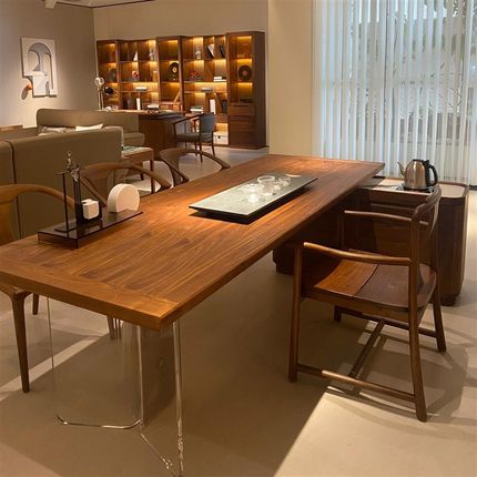 禅意实木茶桌椅组合新中式亚克力悬浮黑胡桃木茶台简约客厅喝茶桌