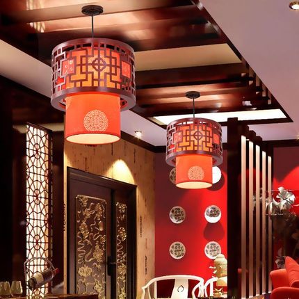 中式小吊灯实木仿古中国风走廊阳台茶楼饭店门口喜庆红色小吊灯