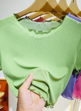 白色短款蕾丝打底衫女夏季薄款吊带裙内搭打底t恤纱衣网纱罩衫女