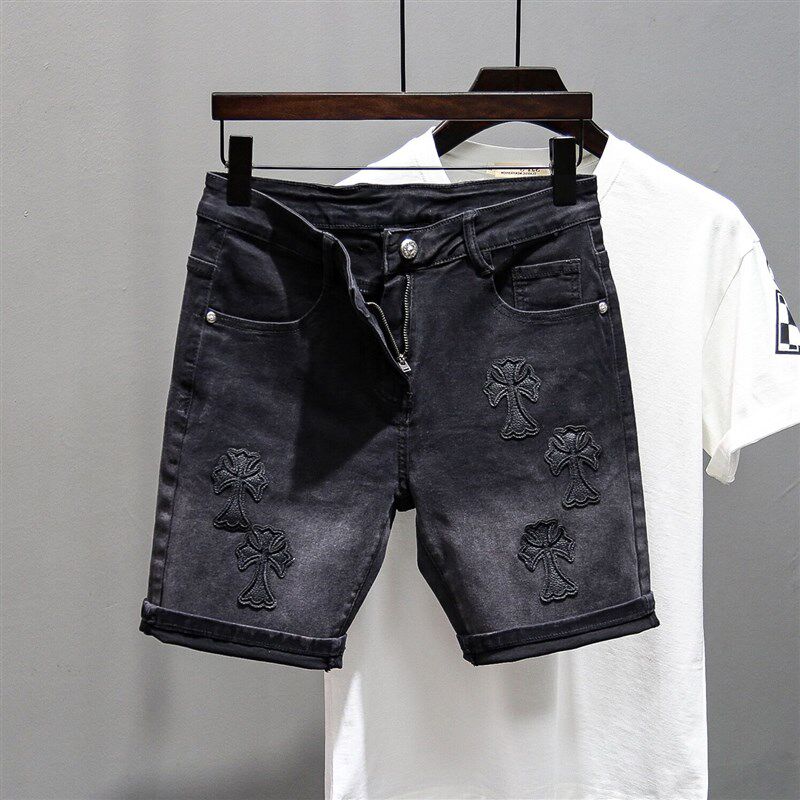 黑色牛仔短裤男2023夏季薄款修身小直筒渐变弹力百搭美式五分裤子