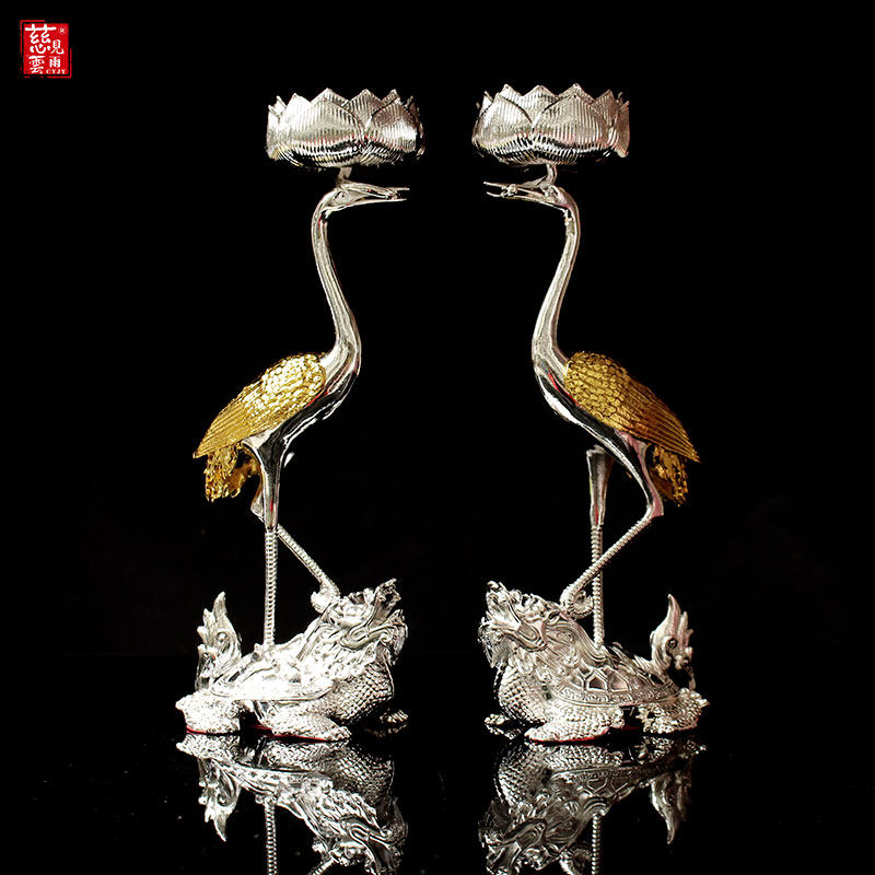 锡烛台龙龟仙鹤烛台一对烛台摆件家用灯台蜡台仙鹤踏龙龟烛台合金