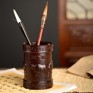 黑檀木雕五牛图笔筒工艺品办公室书桌家居客厅木质笔筒摆件送礼