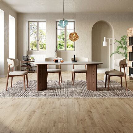 德利丰洞石岩板法式餐桌家用中古风实木小户型半圆长方形饭桌椅子