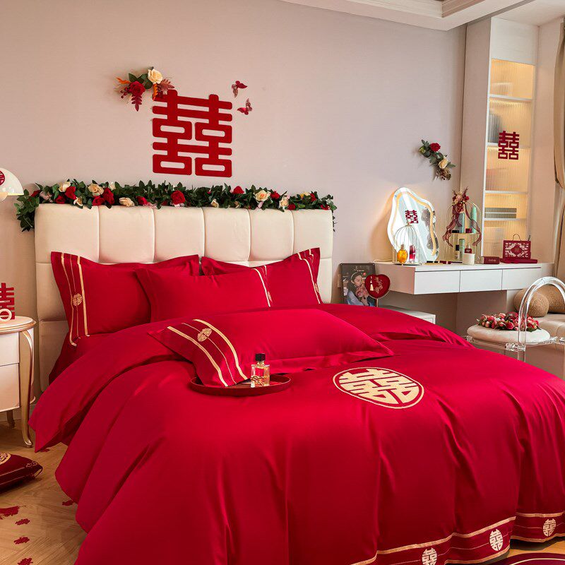 高档中式全棉结婚四件套大红色床单被套纯棉婚庆床上用品婚房喜被
