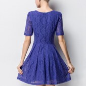 女装 蓝色蕾丝短袖 蓬蓬百褶收腰修身 欧美大码 a字连衣裙中长年轻款