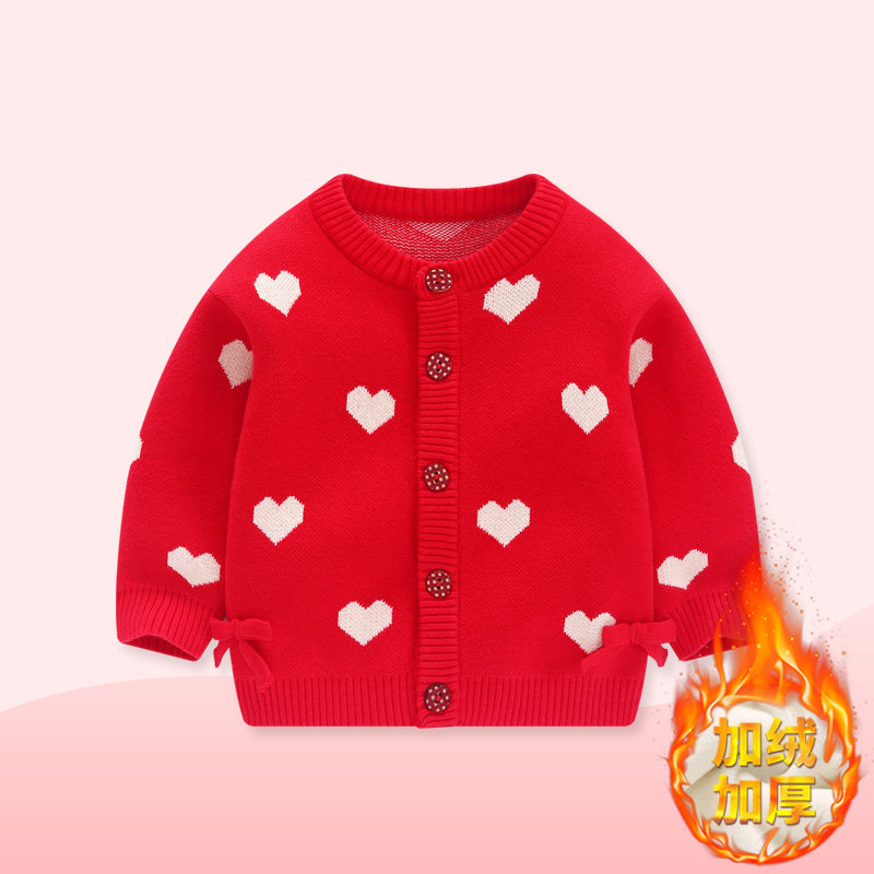 婴儿毛衣针织衫冬装女宝宝加绒开衫外套秋冬加厚儿童保暖上衣女童