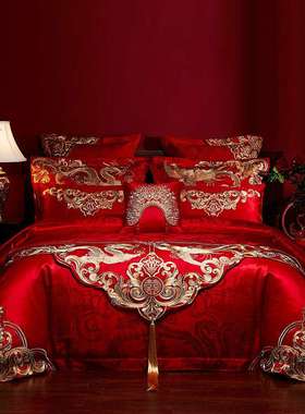 100s支全棉婚庆四件套大红色龙凤婚房床上用品喜被子结婚六十件套