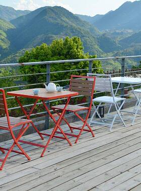 户外塑木白色桌椅咖啡厅奶茶店室外折叠铁椅子艺桌阳台小茶几三件