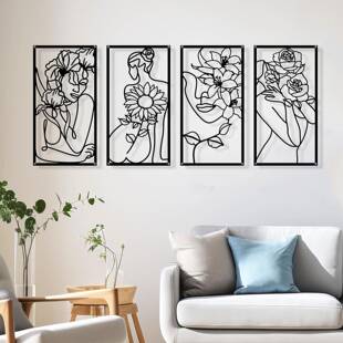 4 件金属极简主义抽象女人和花墙艺术单线绘画艺术装饰