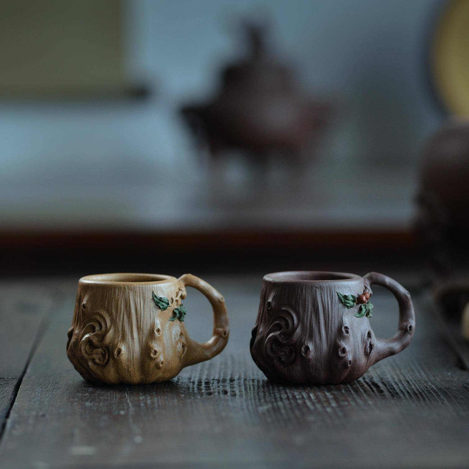 宜兴紫砂杯茶杯手工紫泥带把主人杯贴花梅桩树桩品茗杯子茶具配件