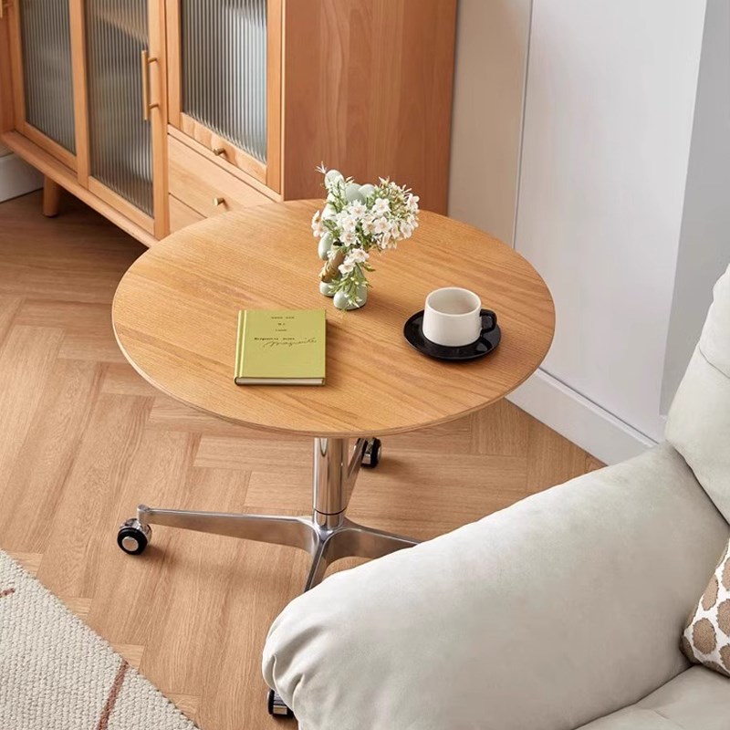移动茶几可升降阳台休闲圆桌现z代简约餐桌客厅家用实木色沙发边