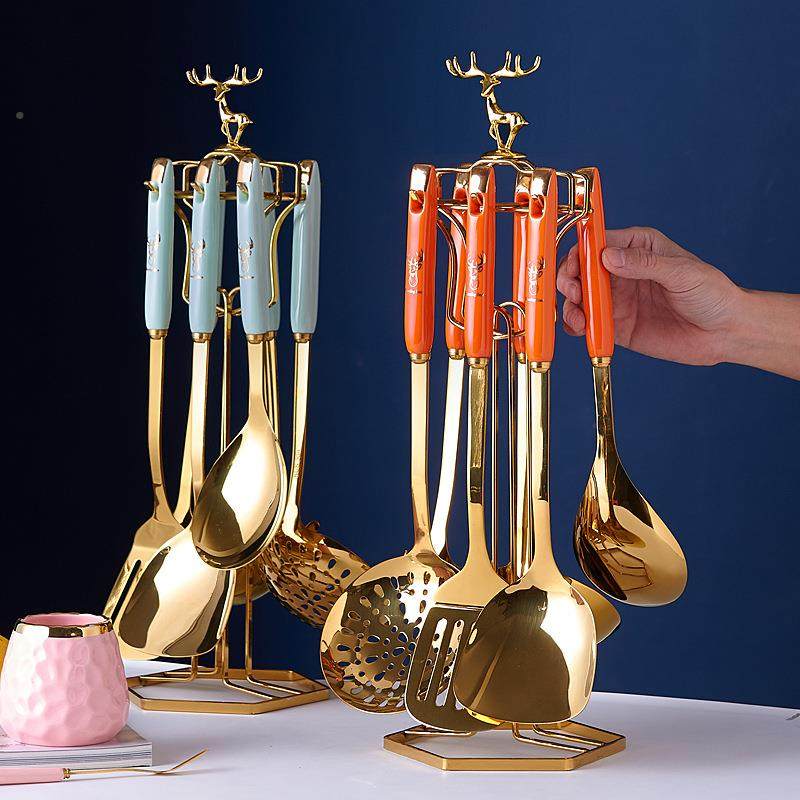 3火04不锈厨具套装祖母绿陶瓷手锅柄厨房用具汤勺304厨具铲锅钢勺