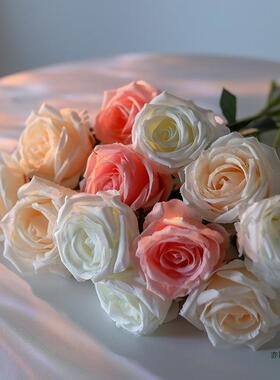 瑰白玫花假花束客厅花卧室仿生花乔迁新F976T8S9居摆设道玫瑰具花