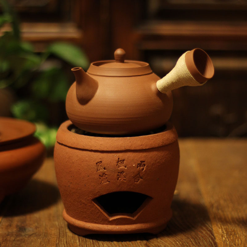 朱泥手拉砂铫纯手工侧把煮茶壶日式家用烧水泡茶粗陶岩泥壶防干烧