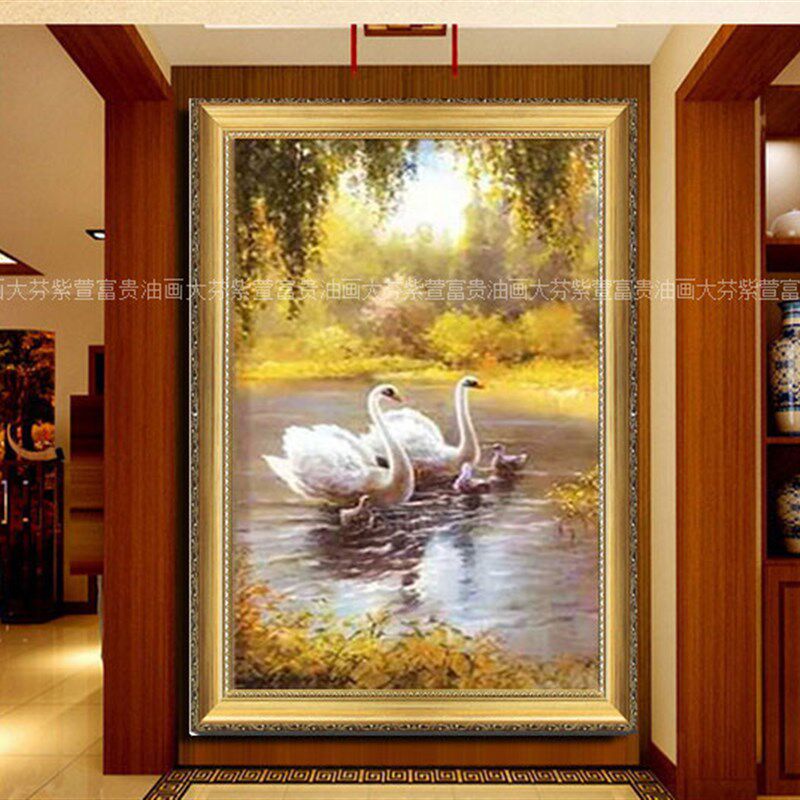手绘欧式风景画客厅酒店书房餐厅玄关油画温馨天鹅湖家居挂画