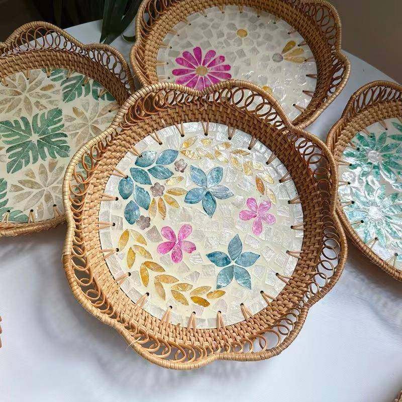 藤编贝壳彩色收纳圆形波浪边客厅轻奢野餐果盘糖果餐厅高级托盘,鲜花速递/花卉仿真/绿植园艺,割草机/草坪机,淘宝优惠券,粉丝福利购,淘宝优惠卷