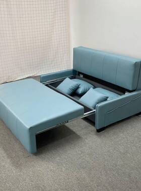 现代简约蓝色皮艺矮扶手双人沙发小户型客厅卧室储物功能沙发床